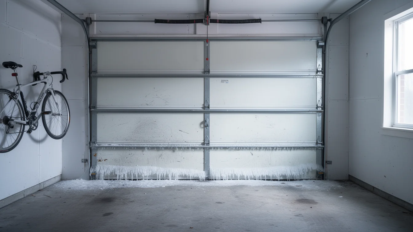 A white garage door with ice and icicles at the bottom.