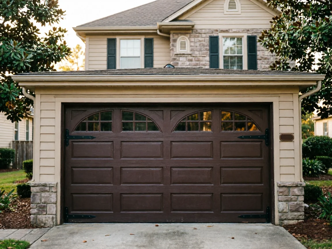 A brown garage door with arched windows on a house with stone and siding.