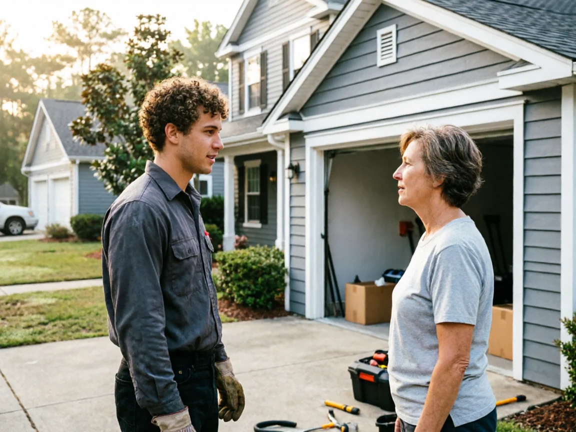A technician talks to a woman in front of a house with an open garage.