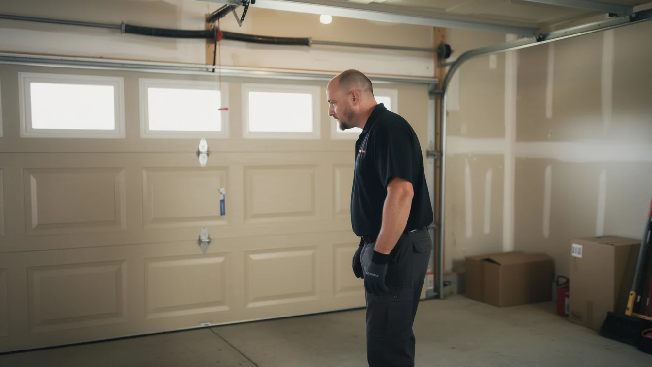 A technician stands in a garage looking at a closed garage door.