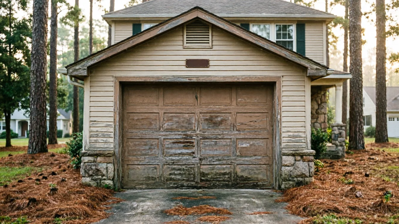 A weathered brown garage door with peeling paint on a house with tan siding.
