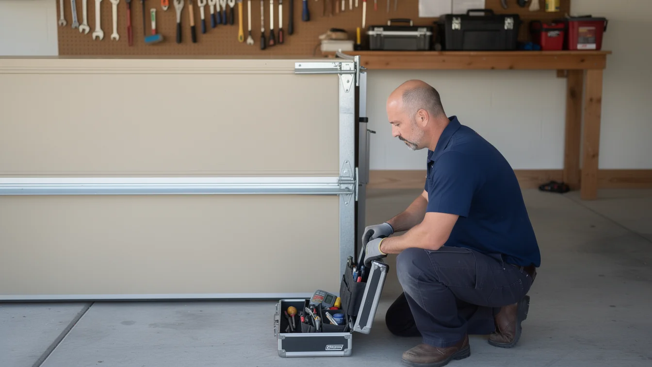 A technician kneels on a concrete floor next to a beige garage door and open toolbox.