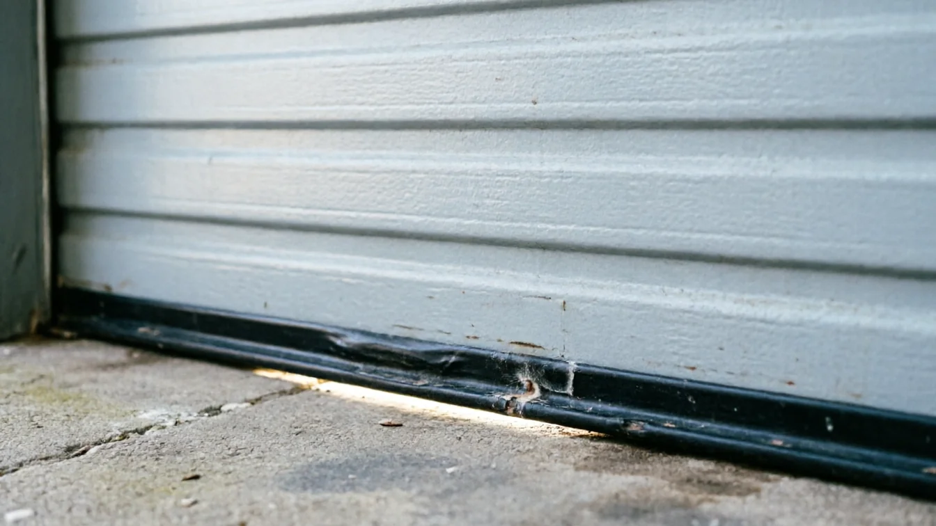 The bottom of a light gray garage door has a damaged weather seal.